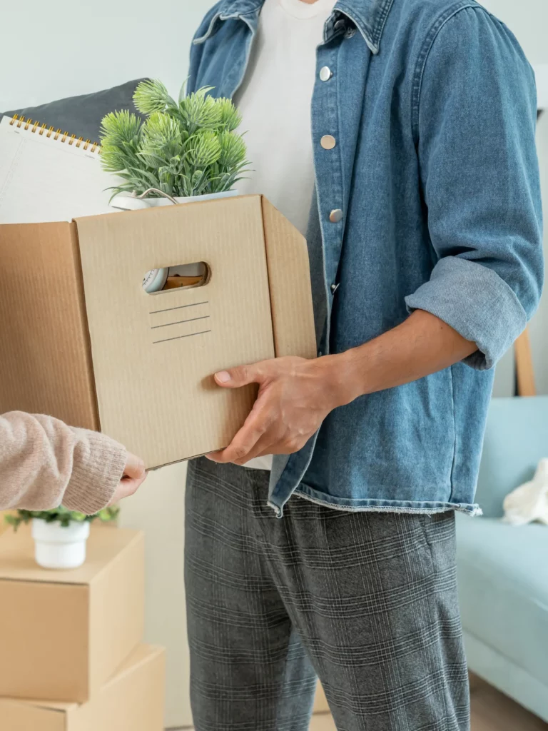 Personne en chemise en jean tenant un carton de déménagement contenant une plante verte et un bloc-notes